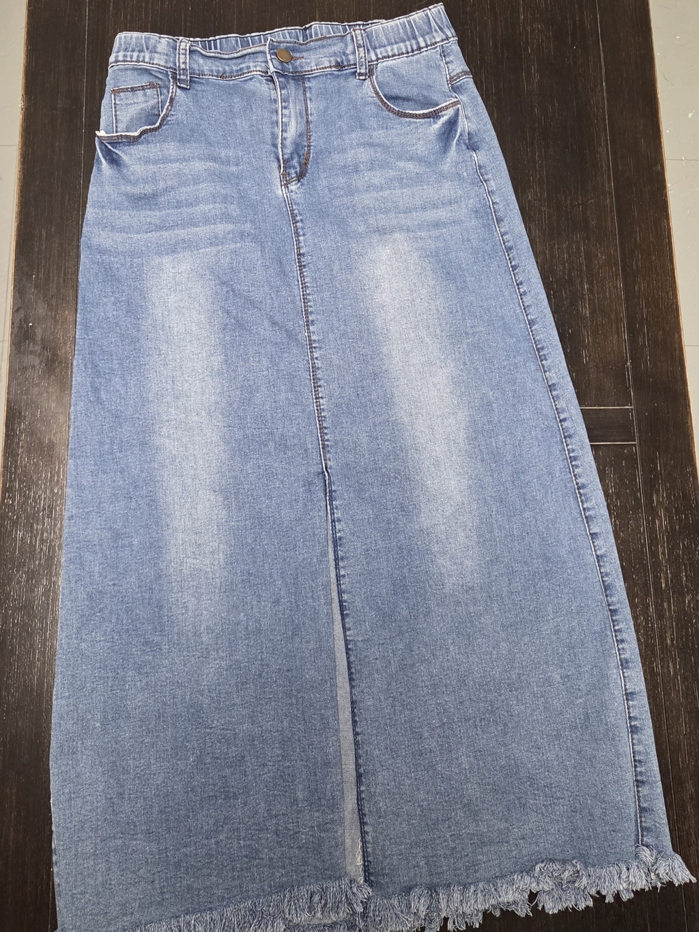 Wide-Leg Light Blue Denim Skirt with Frayed Hem